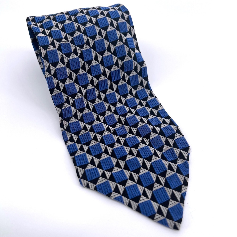 Hickey Freeman Silk Tie Blue Geometric Hand-Folded‎ Made in USA Retro Vintage
